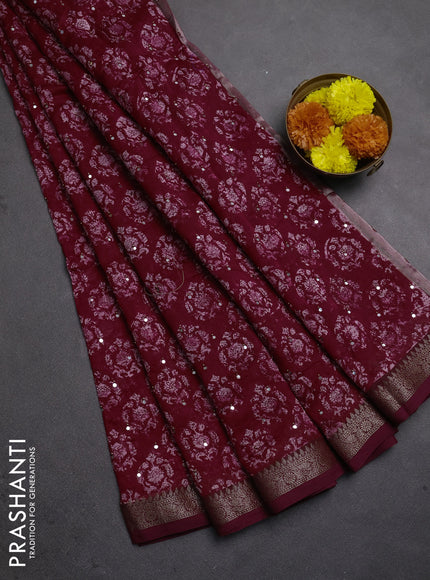 Chanderi silk cotton saree dark pink shade with allover prints & mirror work and banarasi border