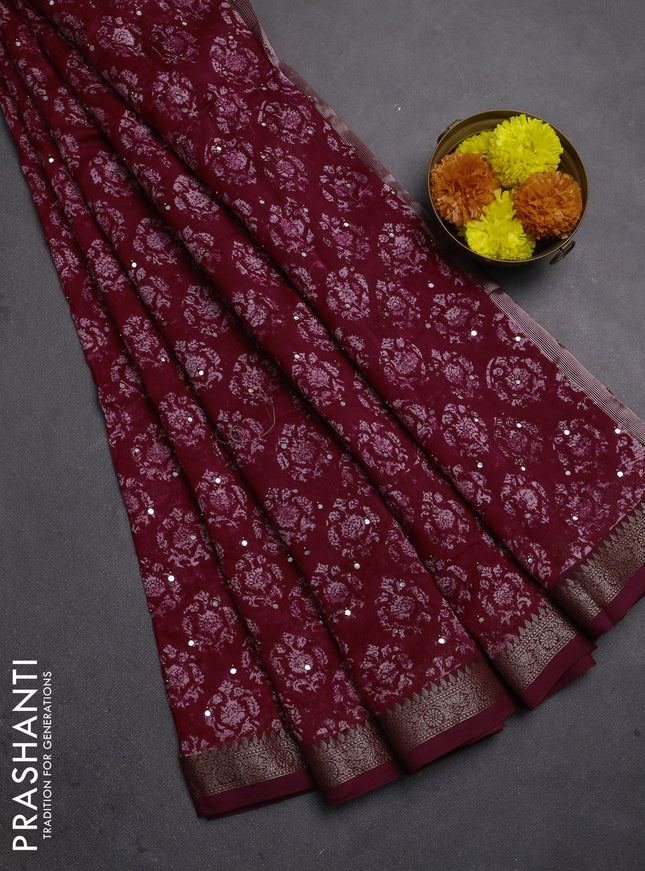 Chanderi silk cotton saree dark pink shade with allover prints & mirror work and banarasi border
