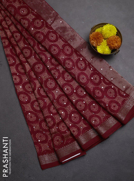 Chanderi silk cotton saree red shade with allover geometric prints & mirror work and banarasi border
