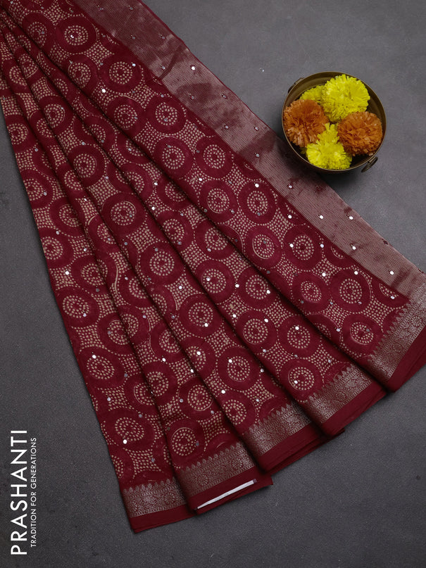 Chanderi silk cotton saree red shade with allover geometric prints & mirror work and banarasi border