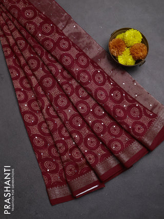 Chanderi silk cotton saree red shade with allover geometric prints & mirror work and banarasi border