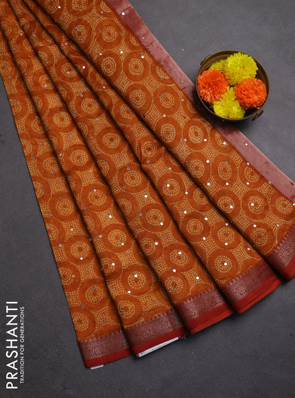Chanderi silk cotton saree mustard yellow with allover geometric prints & mirror work and banarasi border