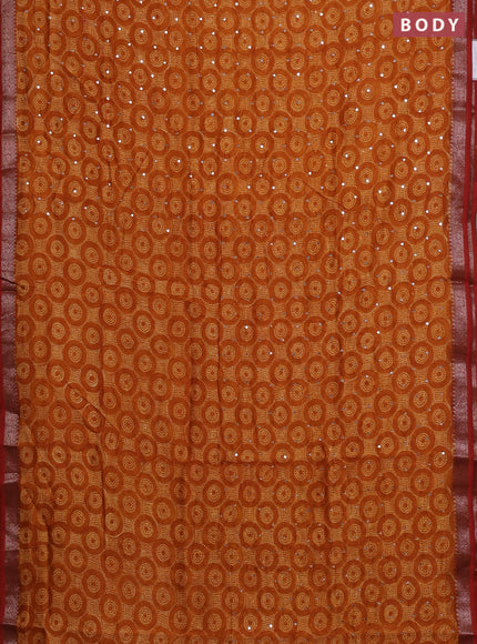 Chanderi silk cotton saree mustard yellow with allover geometric prints & mirror work and banarasi border