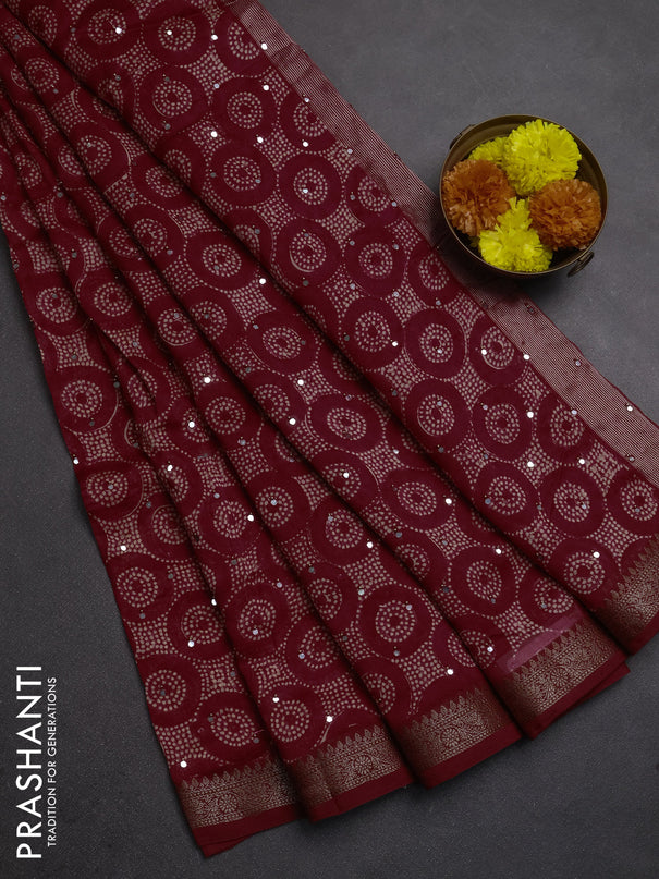 Chanderi silk cotton saree red with allover geometric prints & mirror work and banarasi border