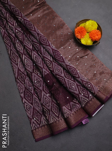 Chanderi silk cotton saree wine shade with allover ikat prints & mirror work and banarasi border