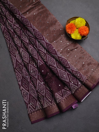 Chanderi silk cotton saree wine shade with allover ikat prints & mirror work and banarasi border