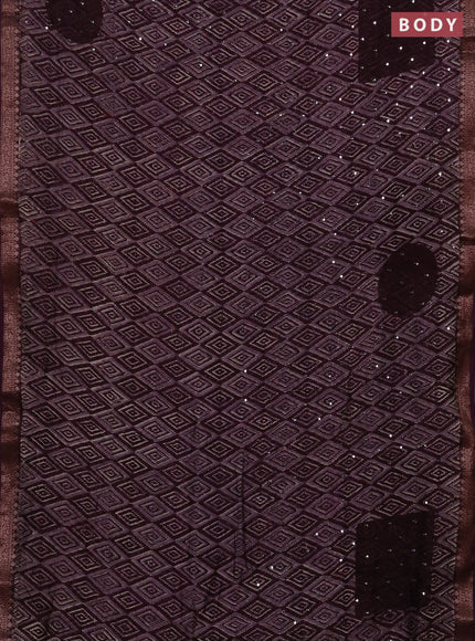 Chanderi silk cotton saree wine shade with allover ikat prints & mirror work and banarasi border