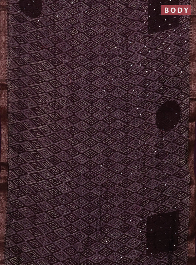 Chanderi silk cotton saree wine shade with allover ikat prints & mirror work and banarasi border