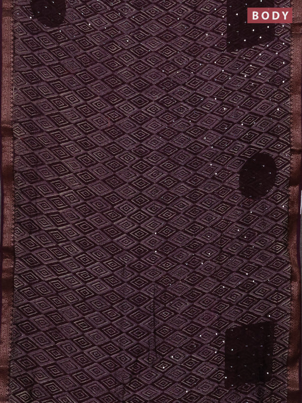 Chanderi silk cotton saree wine shade with allover ikat prints & mirror work and banarasi border