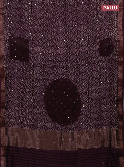 Chanderi silk cotton saree wine shade with allover ikat prints & mirror work and banarasi border