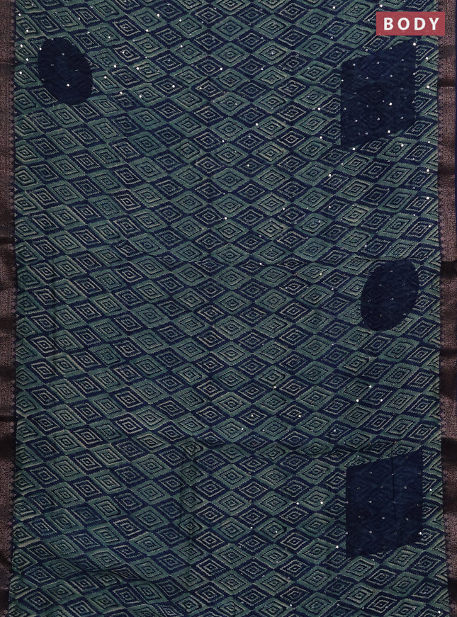 Chanderi silk cotton saree teal green and navy blue with allover ikat prints & mirror work and banarasi border