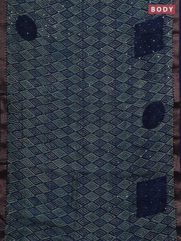 Chanderi silk cotton saree teal green and navy blue with allover ikat prints & mirror work and banarasi border