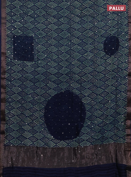 Chanderi silk cotton saree teal green and navy blue with allover ikat prints & mirror work and banarasi border