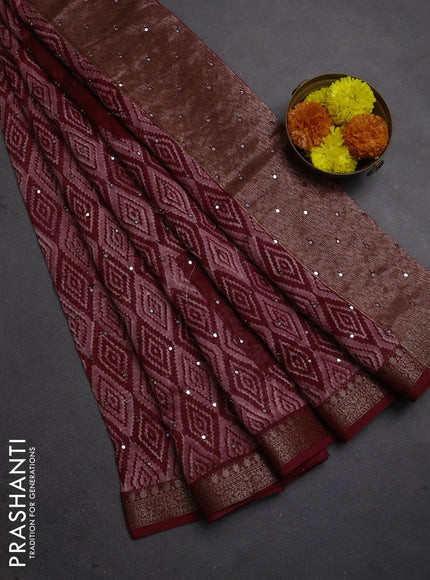Chanderi silk cotton saree pastel maroon and maroon with allover ikat prints & mirror work and banarasi border