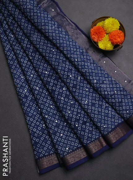 Chanderi silk cotton saree navy blue with allover butta prints & mirror work and banarasi border