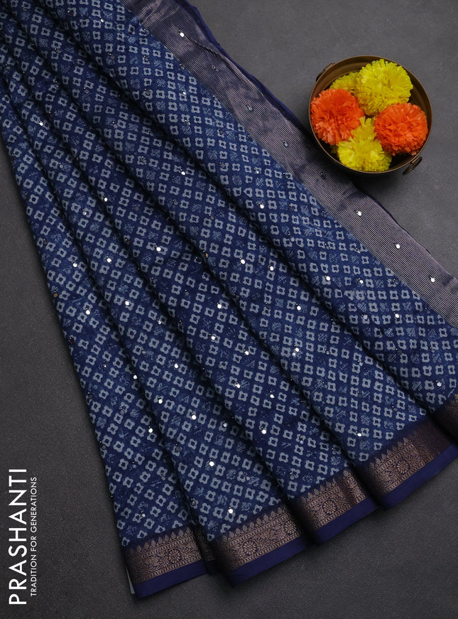 Chanderi silk cotton saree navy blue with allover butta prints & mirror work and banarasi border