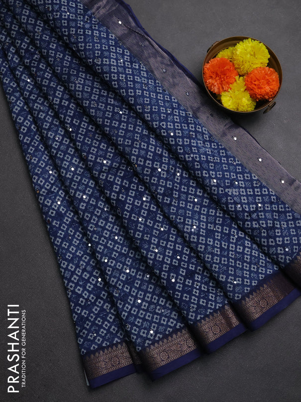 Chanderi silk cotton saree navy blue with allover butta prints & mirror work and banarasi border