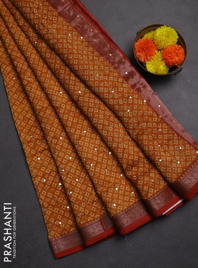 Chanderi silk cotton saree mustard yellow with allover butta prints & mirror work and banarasi border