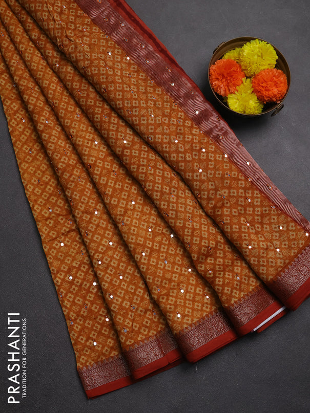 Chanderi silk cotton saree mustard yellow with allover butta prints & mirror work and banarasi border