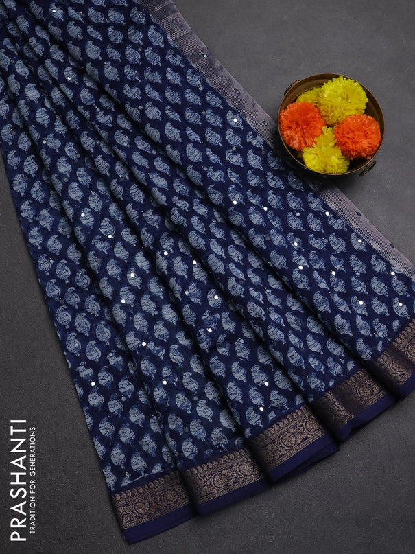 Chanderi silk cotton saree navy blue with allover paisley butta prints & mirror work and banarasi border