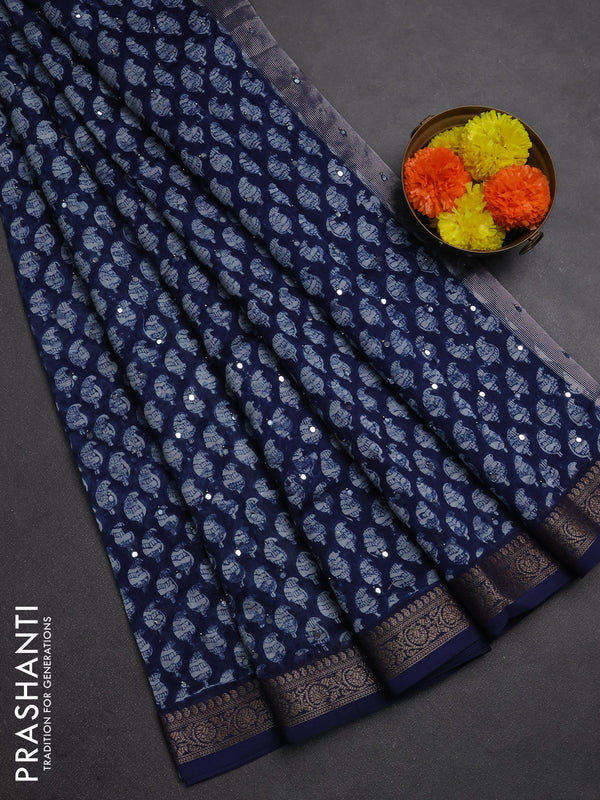 Chanderi silk cotton saree navy blue with allover paisley butta prints & mirror work and banarasi border