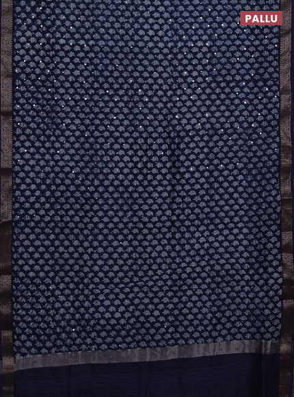 Chanderi silk cotton saree navy blue with allover paisley butta prints & mirror work and banarasi border