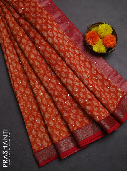Chanderi silk cotton saree orange and red with allover paisley butta prints & mirror work and banarasi border