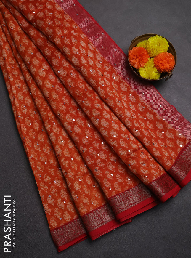 Chanderi silk cotton saree orange and red with allover paisley butta prints & mirror work and banarasi border