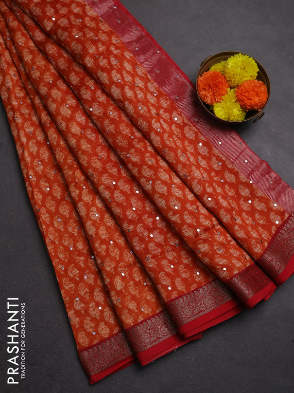 Chanderi silk cotton saree orange and red with allover paisley butta prints & mirror work and banarasi border