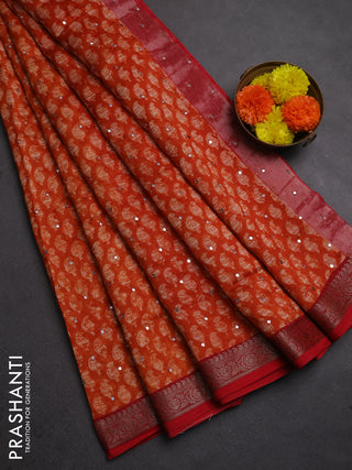 Chanderi silk cotton saree orange and red with allover paisley butta prints & mirror work and banarasi border