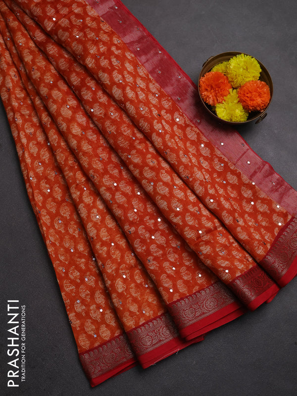 Chanderi silk cotton saree orange and red with allover paisley butta prints & mirror work and banarasi border