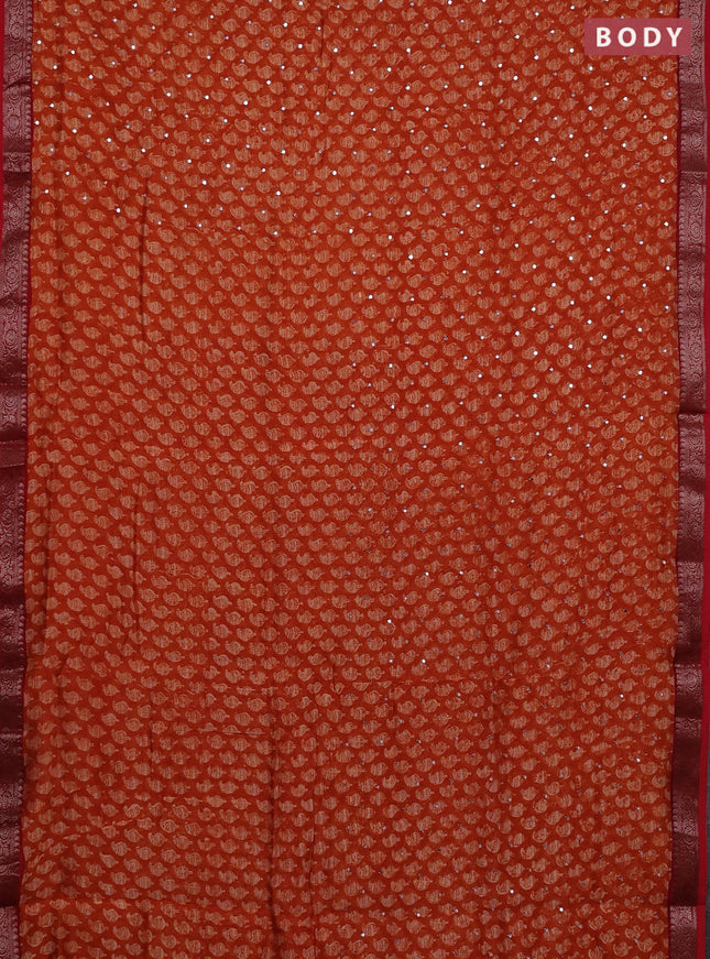 Chanderi silk cotton saree orange and red with allover paisley butta prints & mirror work and banarasi border