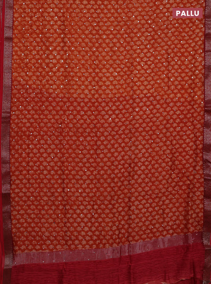 Chanderi silk cotton saree orange and red with allover paisley butta prints & mirror work and banarasi border