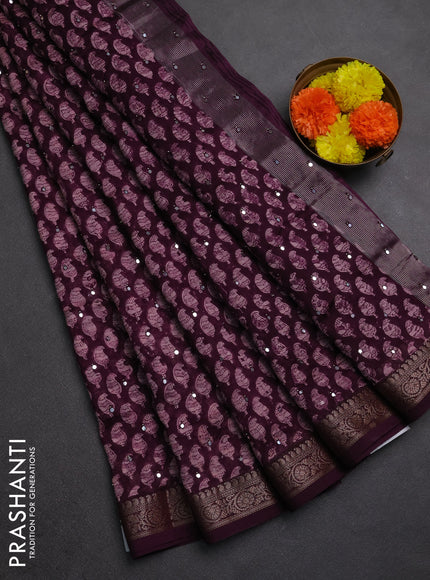 Chanderi silk cotton saree deep purple with allover paisley butta prints & mirror work and banarasi border