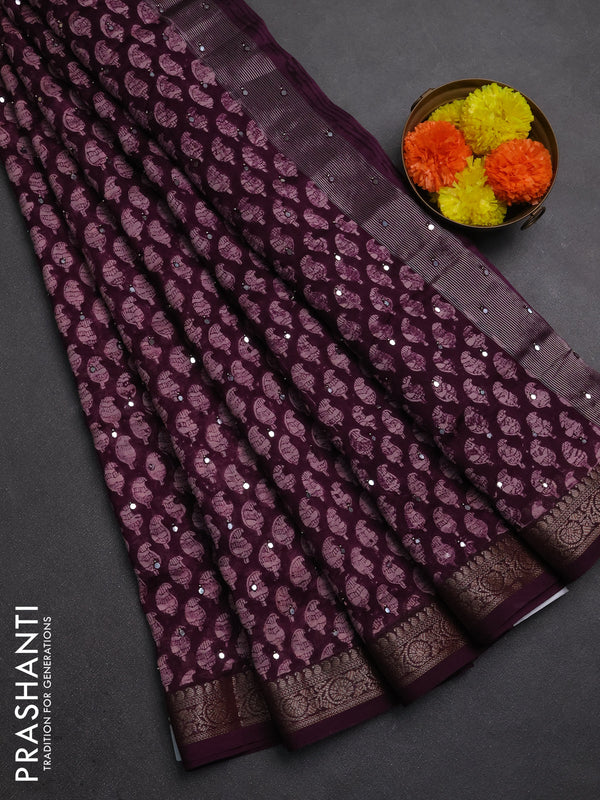 Chanderi silk cotton saree deep purple with allover paisley butta prints & mirror work and banarasi border