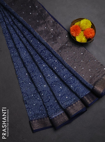Chanderi silk cotton saree indigo blue with allover bandhani prints & mirror work and banarasi border