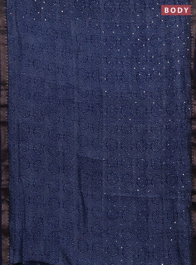 Chanderi silk cotton saree indigo blue with allover bandhani prints & mirror work and banarasi border
