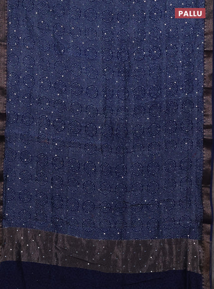Chanderi silk cotton saree indigo blue with allover bandhani prints & mirror work and banarasi border