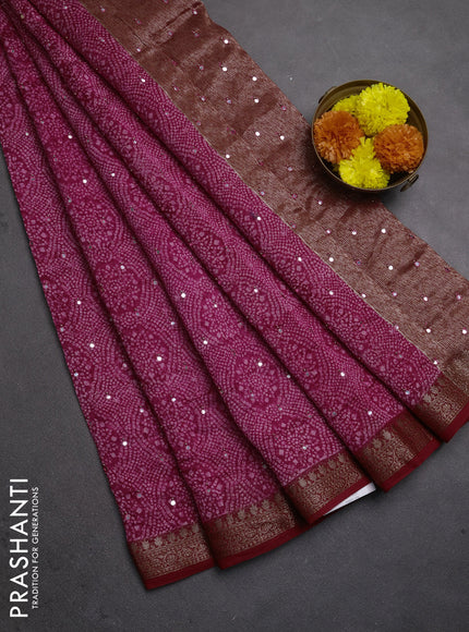 Chanderi silk cotton saree pink and red with allover bandhani prints & mirror work and banarasi border