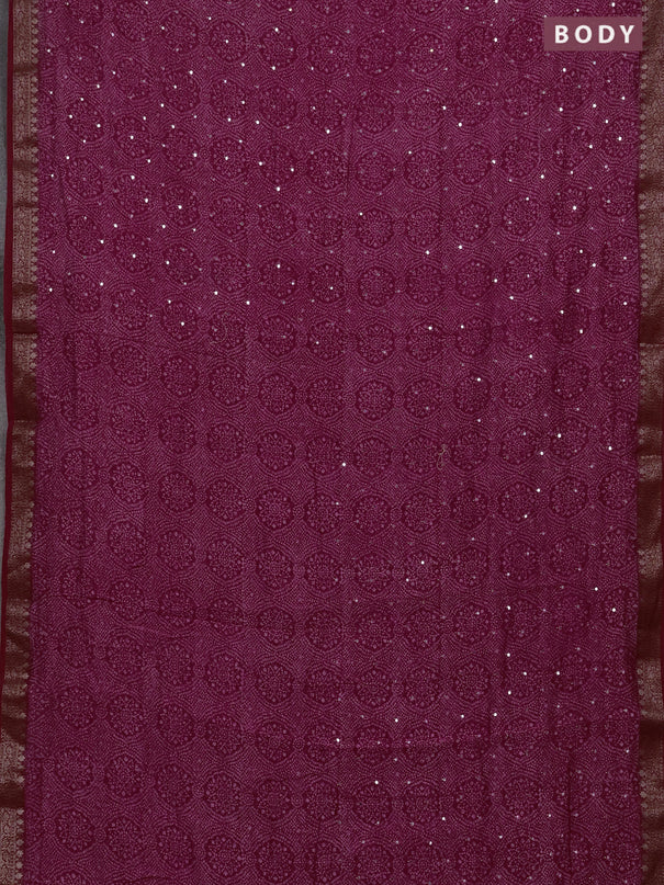 Chanderi silk cotton saree pink and red with allover bandhani prints & mirror work and banarasi border