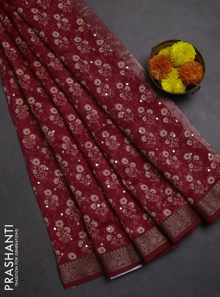 Chanderi silk cotton saree red with allover floral butta prints & mirror work and banarasi border