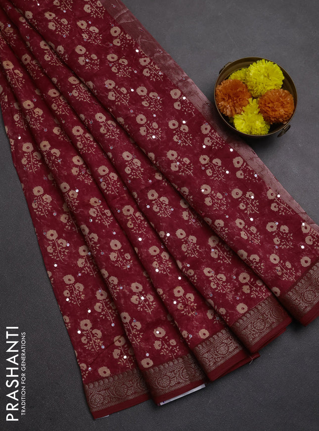 Chanderi silk cotton saree red with allover floral butta prints & mirror work and banarasi border
