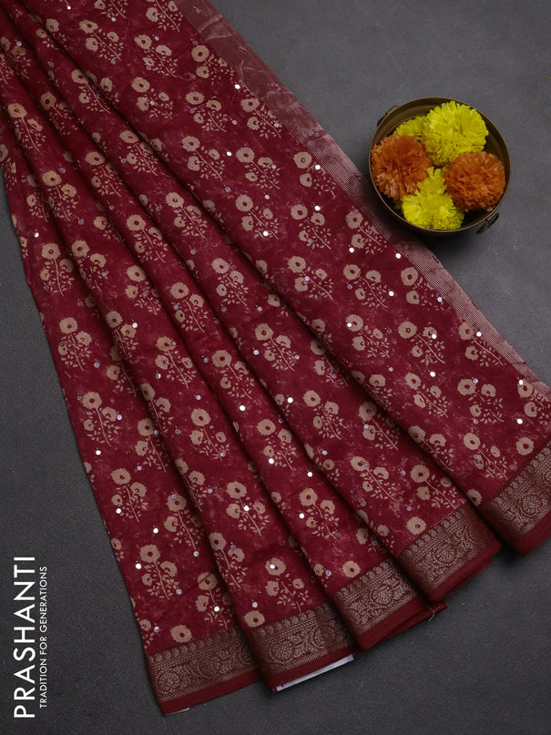 Chanderi silk cotton saree red with allover floral butta prints & mirror work and banarasi border