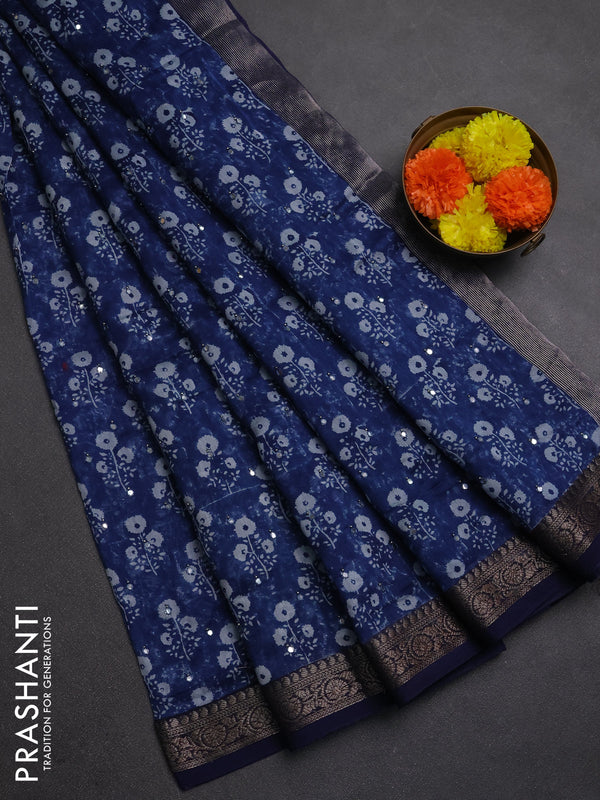Chanderi silk cotton saree indigo blue with allover floral butta prints & mirror work and banarasi border