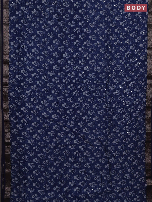 Chanderi silk cotton saree indigo blue with allover floral butta prints & mirror work and banarasi border