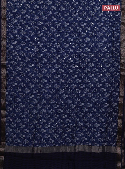 Chanderi silk cotton saree indigo blue with allover floral butta prints & mirror work and banarasi border