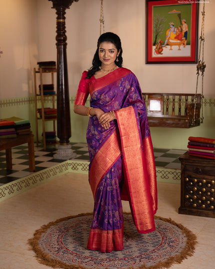 Semi kanchipuram soft silk saree duak shade of purple and pink with allover thread & zari weaves & buttas and zari woven border