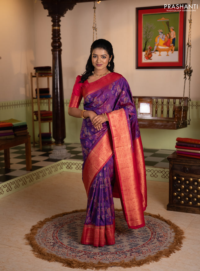 Semi kanchipuram soft silk saree duak shade of purple and pink with allover thread & zari weaves & buttas and zari woven border