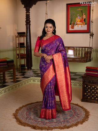 Semi kanchipuram soft silk saree duak shade of purple and pink with allover thread & zari weaves & buttas and zari woven border