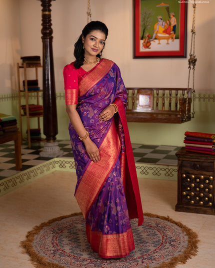 Semi kanchipuram soft silk saree duak shade of purple and pink with allover thread & zari weaves & buttas and zari woven border